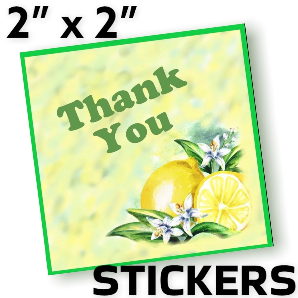 100 (2x2 Inch) Square Stickers, Lemons and Blossoms High Gloss, Thank You